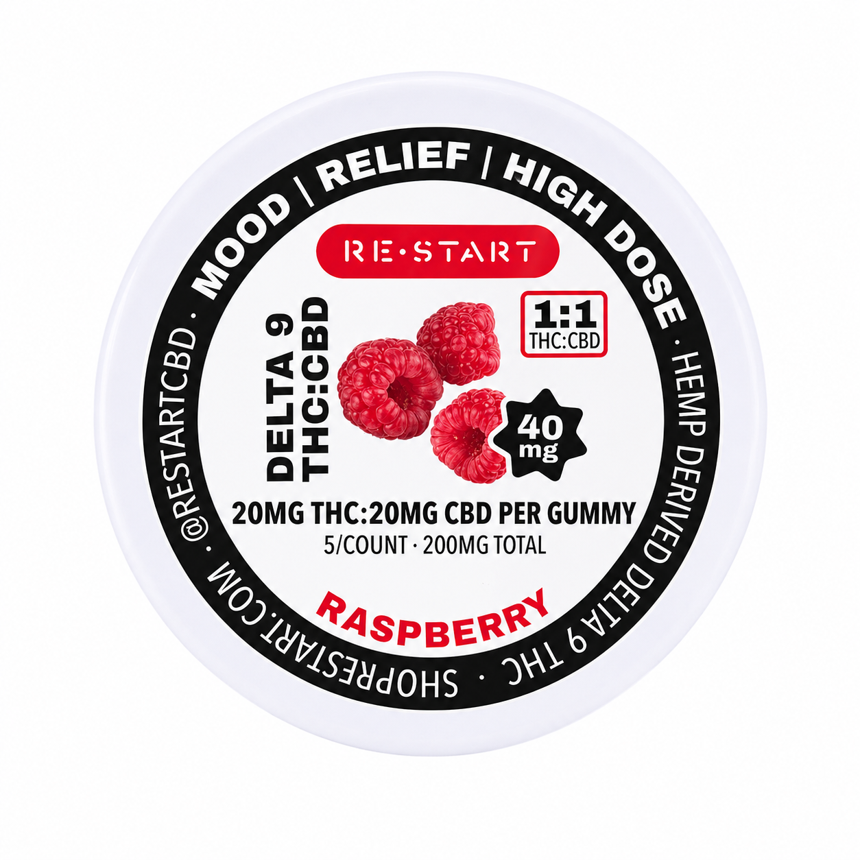 Delta 9 THC 20MG + CBD 20MG Gummies Raspberry / 5-ct